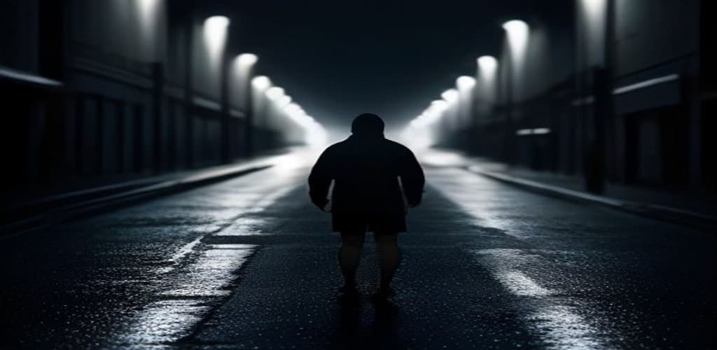 A runner alone under streetlights at half past five. Still dark.